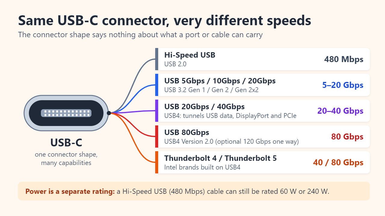 Diagram: one USB-C plug linked to five possibilities: Hi-Speed USB at 480 Mbps, USB 3.2 at 5, 10 or 20 Gbps, USB4 at 20 or 40 Gbps, USB4 Version 2.0 at 80 Gbps, and Thunderbolt 4 or 5 at 40 or 80 Gbps. A cable power rating of 60 W or 240 W is separate from its data speed.
