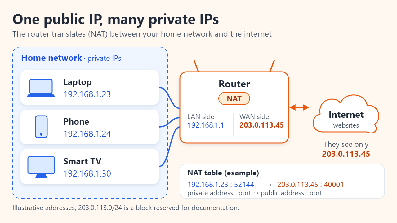 Home network diagram: a laptop, phone and smart TV with private addresses 192.168.1.23, .24 and .30 connect to a router doing NAT, which reaches the internet with one public address, 203.0.113.45, the only address websites see