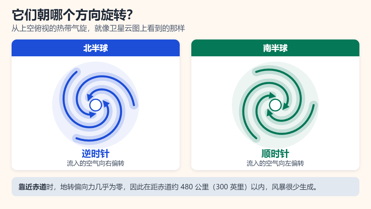从上空俯视的两幅风暴示意图：北半球的热带气旋逆时针旋转，南半球的顺时针旋转，并注明赤道附近地转偏向力接近零，风暴很少在距赤道约480公里以内生成