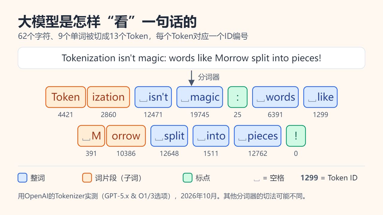 英文句子“Tokenization isn't magic: words like Morrow split into pieces!”被OpenAI当前的分词器切成13个彩色Token，并标出各自的ID编号：Token、ization、isn't、magic、冒号、words、like、M、orrow、split、into、pieces、感叹号。
