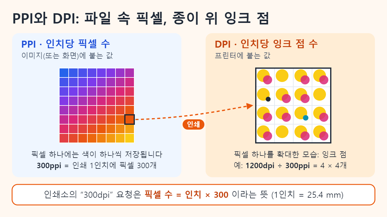 PPI는 색을 하나씩 담은 이미지 픽셀의 격자이고, DPI는 프린터가 픽셀 하나를 재현하려고 찍는 청록·자홍·노랑·검정 잉크 점의 격자라는 점을 나란히 비교한 그림