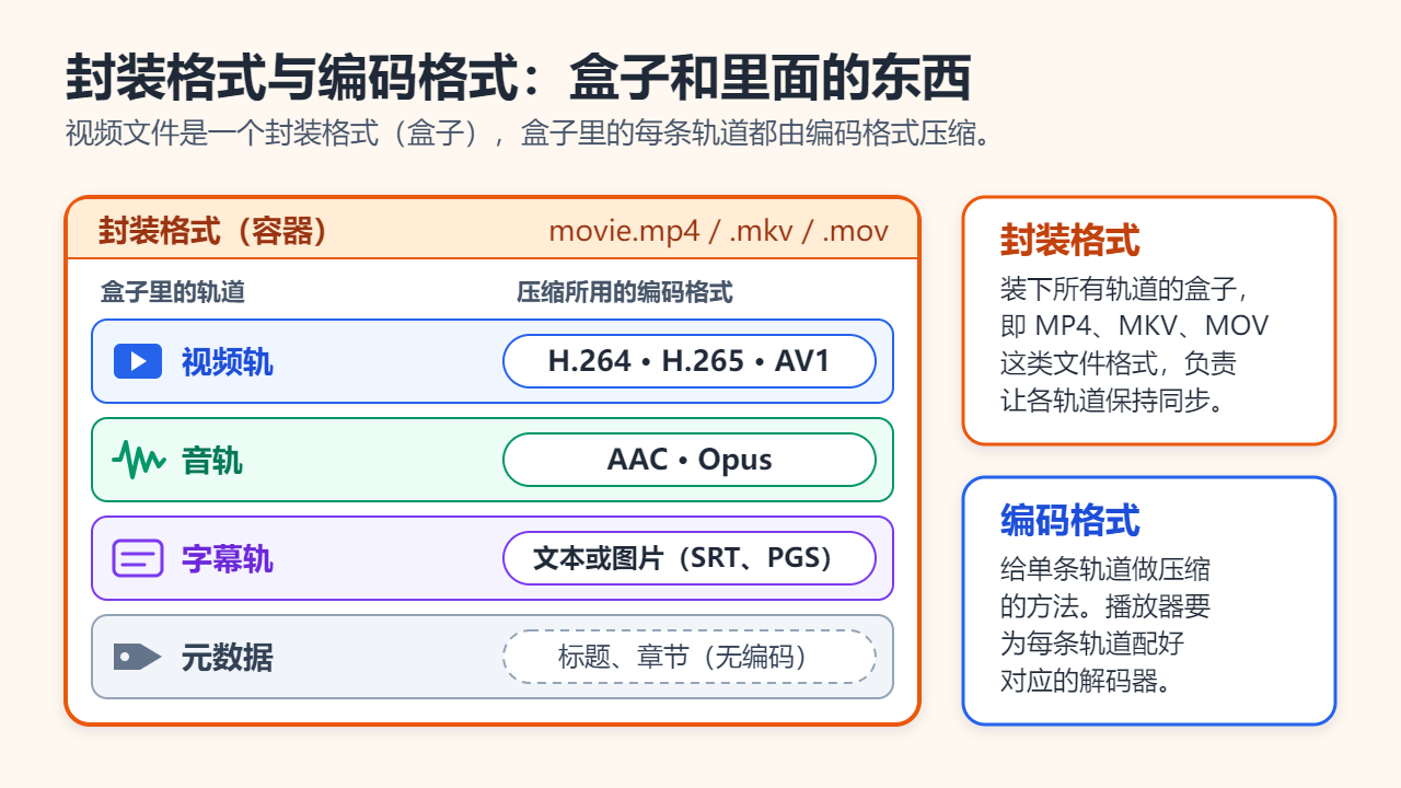 视频文件的示意图：一个封装格式盒子（.mp4、.mkv或.mov），里面有四类内容：用H.264、H.265或AV1压缩的视频轨，用AAC或Opus压缩的音轨，文本或图片字幕轨，以及标题、章节等不需要编码格式的元数据