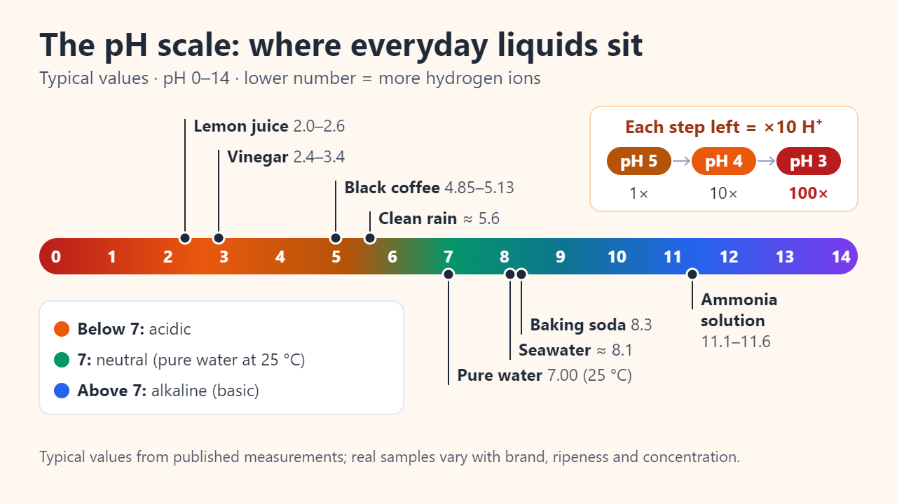 pH scale from 0 to 14 with typical values: lemon juice 2.0–2.6, vinegar 2.4–3.4, black coffee 4.85–5.13, clean rain about 5.6, pure water 7.00 at 25 °C, seawater about 8.1, baking soda 8.3 and ammonia solution 11.1–11.6