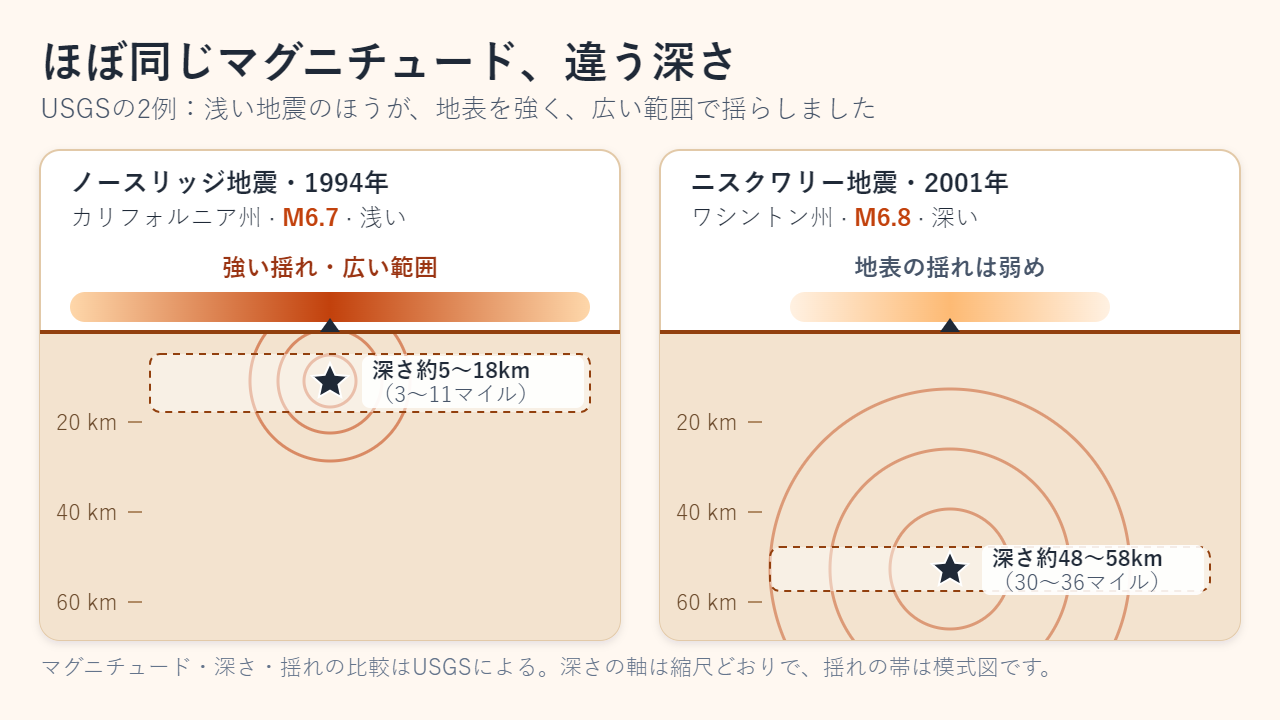 浅いM6.7のノースリッジ地震（深さ3〜11マイル）と、深いM6.8のニスクワリー地震（深さ30〜36マイル）の断面を並べて比べた図