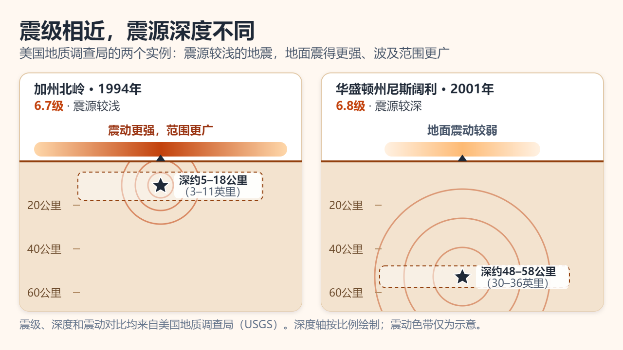 剖面图对比：震源较浅（深约5至18公里）的北岭6.7级地震，与震源较深（深约48至58公里）的尼斯阔利6.8级地震