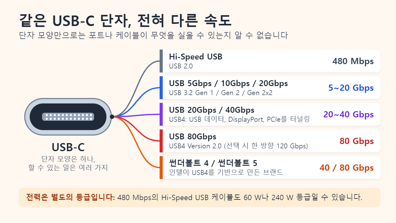 도식: USB-C 단자 하나에서 다섯 가지 가능성이 갈라집니다. 480 Mbps의 Hi-Speed USB, 5·10·20 Gbps의 USB 3.2, 20·40 Gbps의 USB4, 80 Gbps의 USB4 Version 2.0, 40·80 Gbps의 썬더볼트 4·5입니다. 케이블의 60 W나 240 W 전력 등급은 데이터 속도와 별개입니다.
