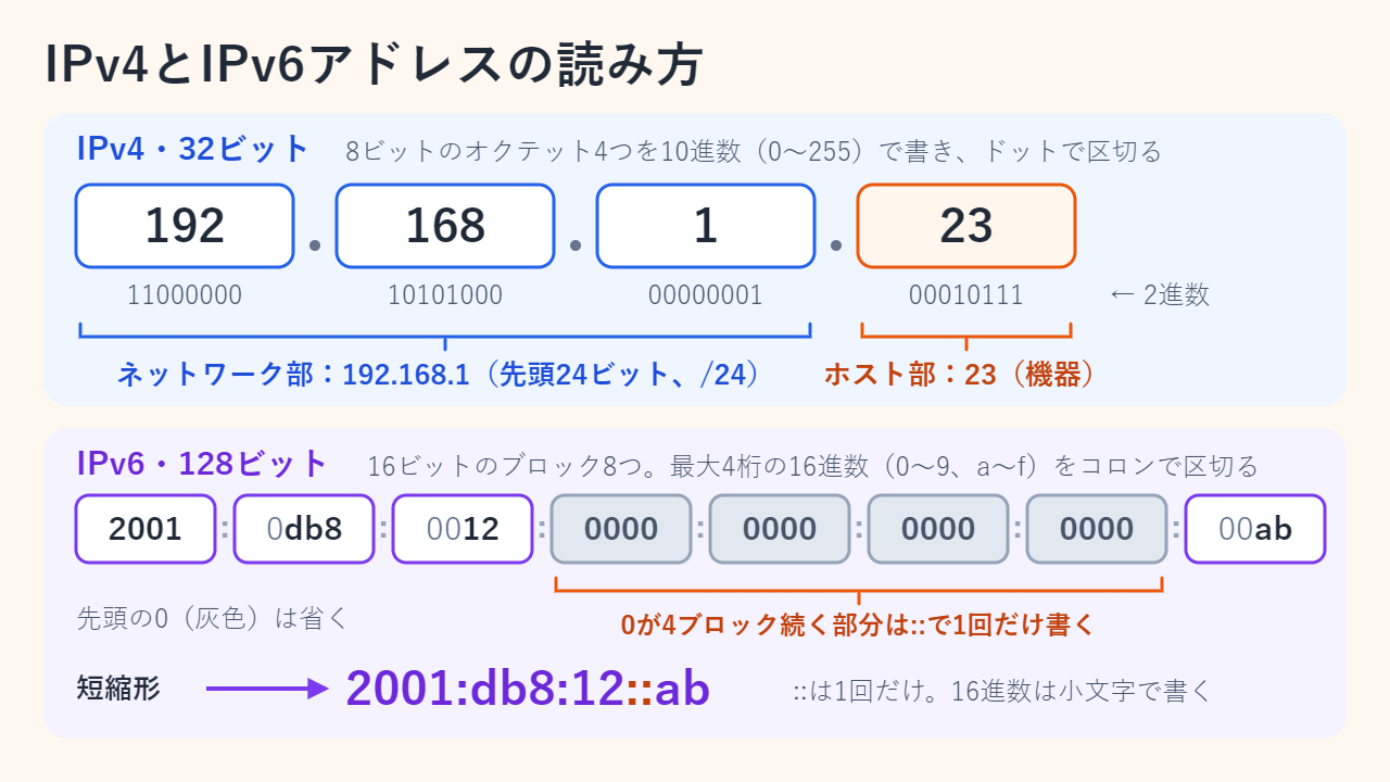 IPアドレスの構造：IPv4の192.168.1.23は8ビットのオクテット4つで2進数も併記し、先頭24ビットがネットワーク部。IPv6の2001:0db8:0012:0000:0000:0000:0000:00abは16ビットの16進数ブロック8つで、2001:db8:12::abに短縮できる