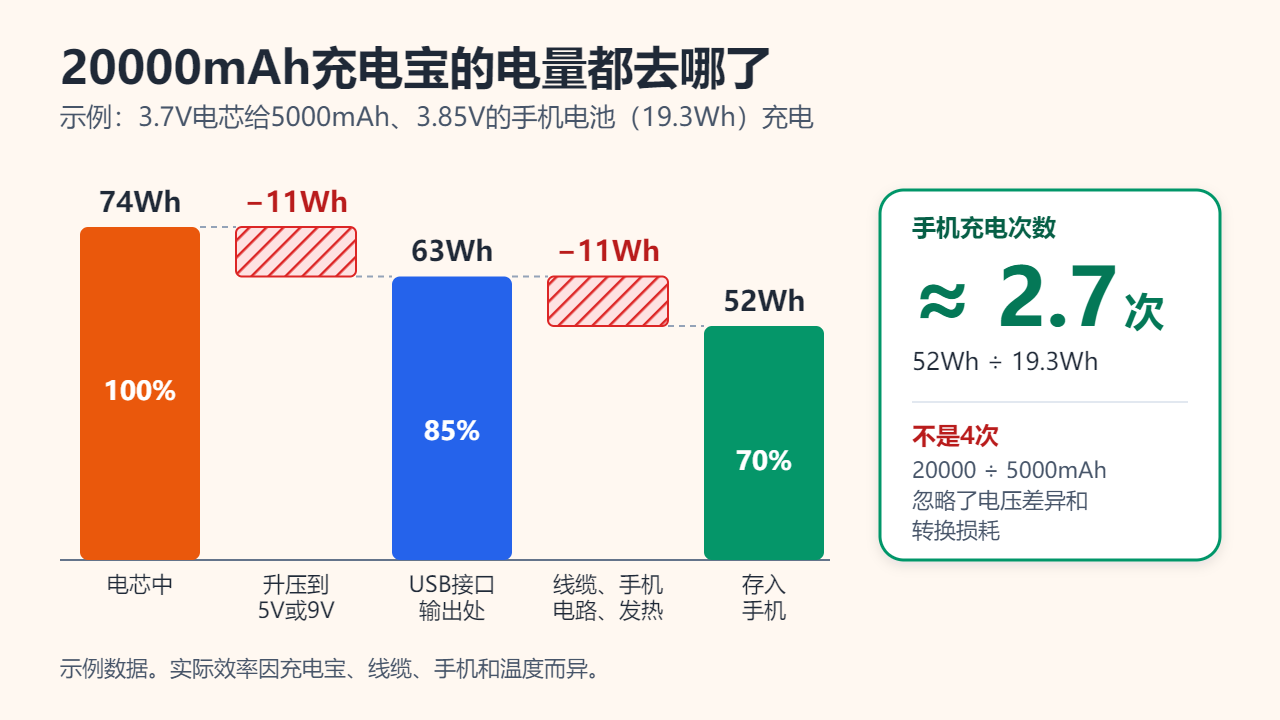 示例瀑布图：电芯中有74Wh，升压转换损耗11Wh后USB接口处为63Wh，线缆、手机电路和发热再损耗11Wh后手机内存入52Wh，约相当于19.3Wh手机电池充2.7次
