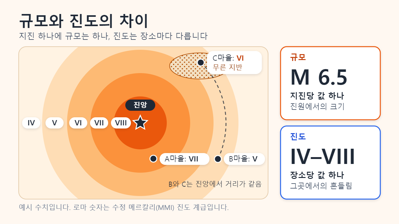 규모 6.5 지진 하나를 중심으로 진앙의 진도 VIII부터 바깥쪽 IV까지 흔들림이 동심원으로 약해지는 지도. 진앙에서 거리가 같은 두 마을이 무른 지반 때문에 V와 VI로 갈린다