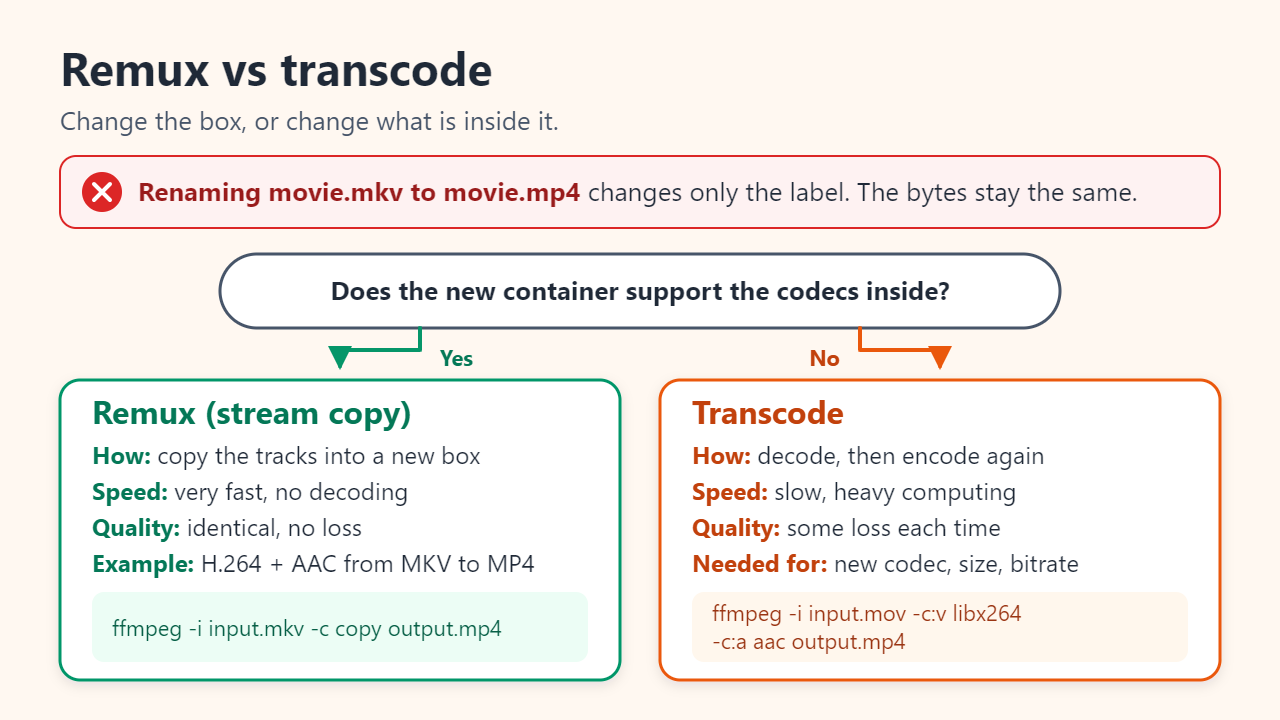 Decision chart comparing remux and transcode: renaming the extension changes nothing; if the new container supports the existing codecs, remux with stream copy, which is fast and lossless; otherwise transcode, which decodes and re-encodes, is slow and loses some quality