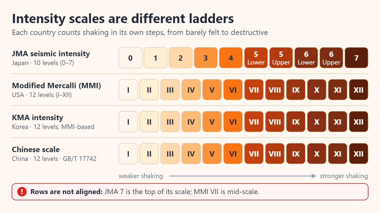Four intensity ladders: JMA with 10 levels from 0 to 7 including 5 Lower, 5 Upper, 6 Lower and 6 Upper, and MMI, Korea KMA and China each with 12 levels from I to XII