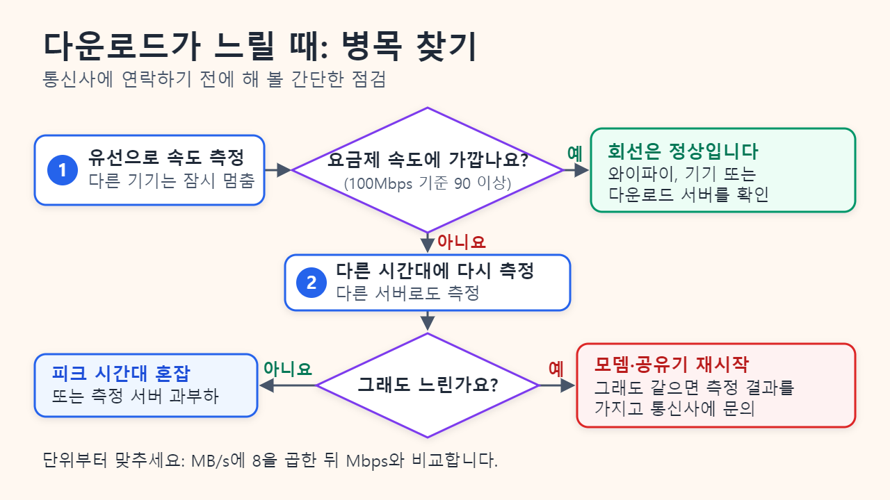 순서도: 유선으로 속도를 측정해 요금제 속도에 가까우면 회선은 정상, 아니면 다른 시간대와 서버로 다시 측정하고, 그래도 느리면 모뎀과 공유기를 재시작한 뒤 통신사에 문의