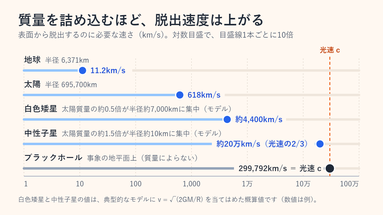 表面からの脱出速度を示す対数目盛のグラフ。地球は11.2km/s、太陽は618km/s、典型的な白色矮星は約4,400km/s、中性子星は約20万km/s（光速の3分の2）、ブラックホールの事象の地平面では光速と同じ299,792km/s。