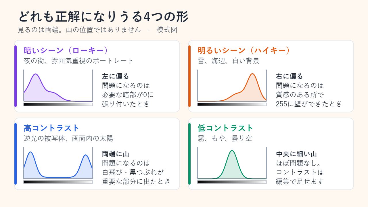 小さなヒストグラム4つ。暗いローキーの場面は山が左に、明るいハイキーの場面は山が右に偏り、高コントラストの場面は両端に山があり、霧のような低コントラストの場面は中央に細い山がある。