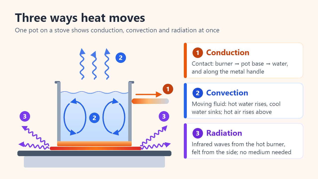 Diagram of a pot of water on a stove burner with three numbered labels: conduction through the pot base and up the metal handle, convection currents circulating in the water and hot air rising above it, and infrared radiation spreading sideways from the glowing burner