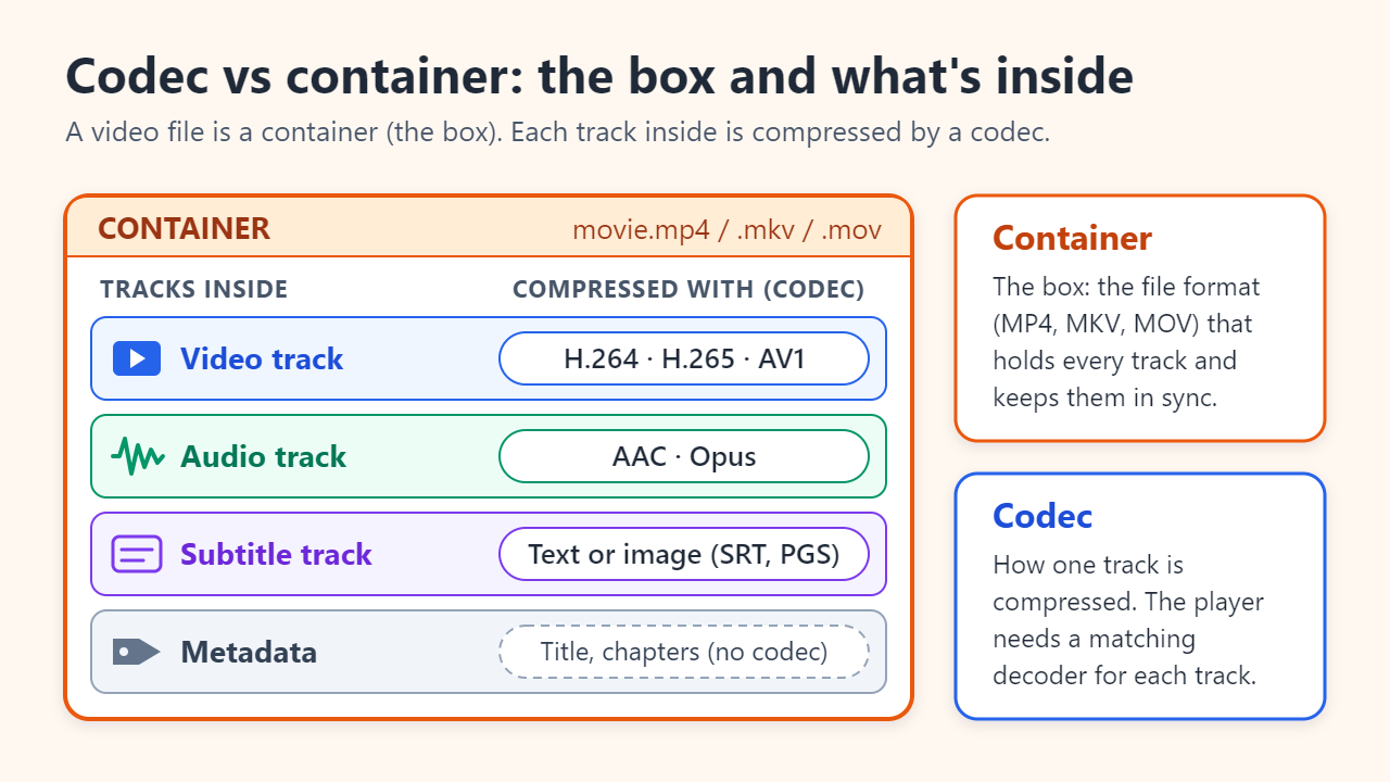 Diagram of a video file as a container box (.mp4, .mkv or .mov) holding four tracks: a video track compressed with H.264, H.265 or AV1, an audio track compressed with AAC or Opus, a text or image subtitle track, and metadata such as title and chapters, which needs no codec