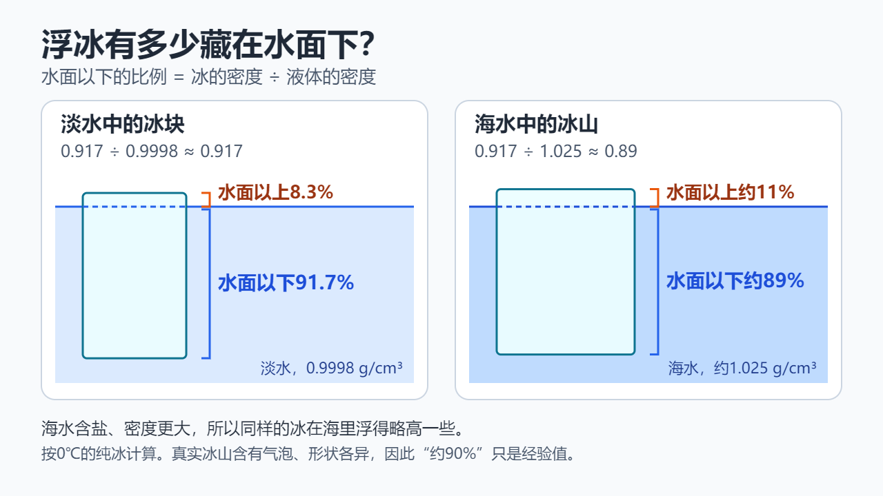 浮冰示意图：淡水中的冰块有91.7%沉在水面以下、8.3%露在水面以上；海水中的纯冰约有89%沉在水面以下、约11%露在水面以上