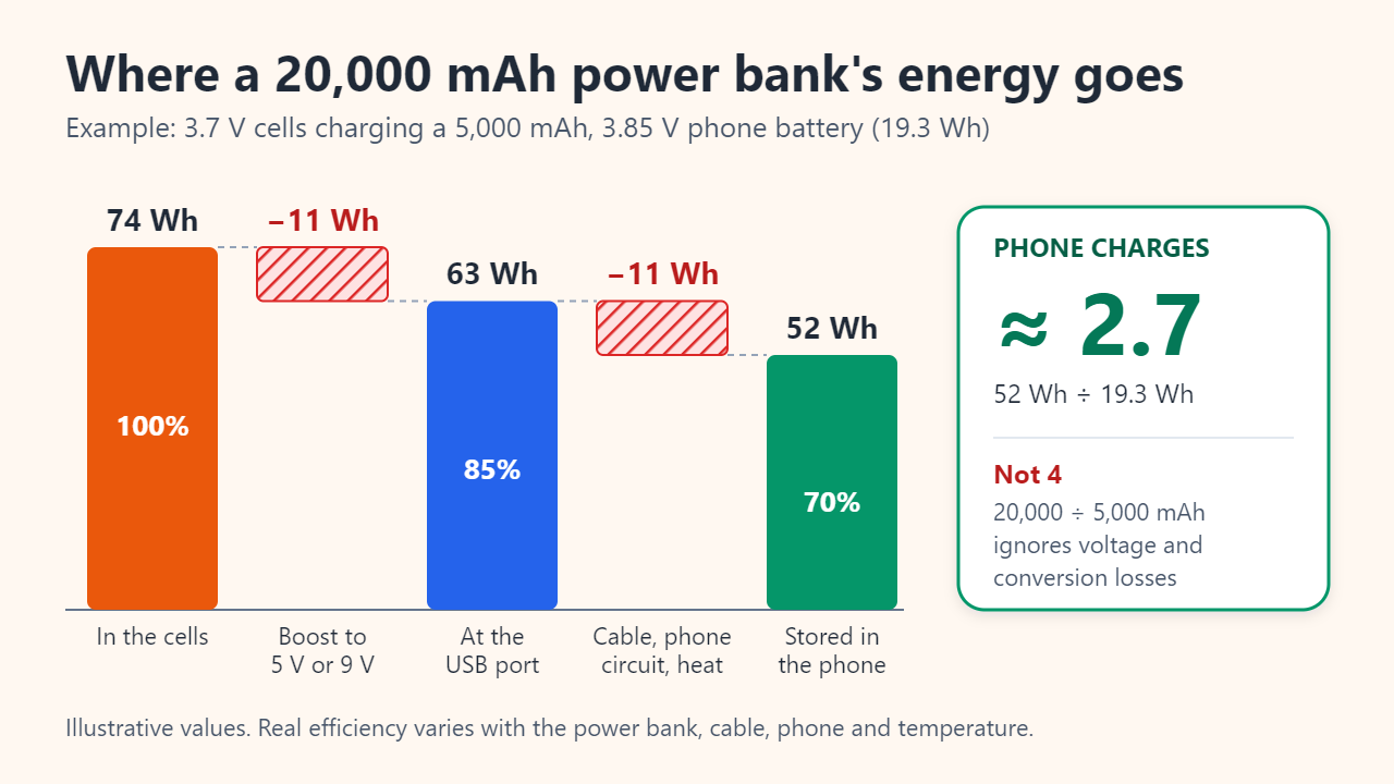 Illustrative waterfall chart: 74 Wh in the cells, minus 11 Wh for boost conversion leaves 63 Wh at the USB port, minus 11 Wh for the cable, phone circuitry and heat leaves 52 Wh in the phone, about 2.7 charges of a 19.3 Wh phone battery