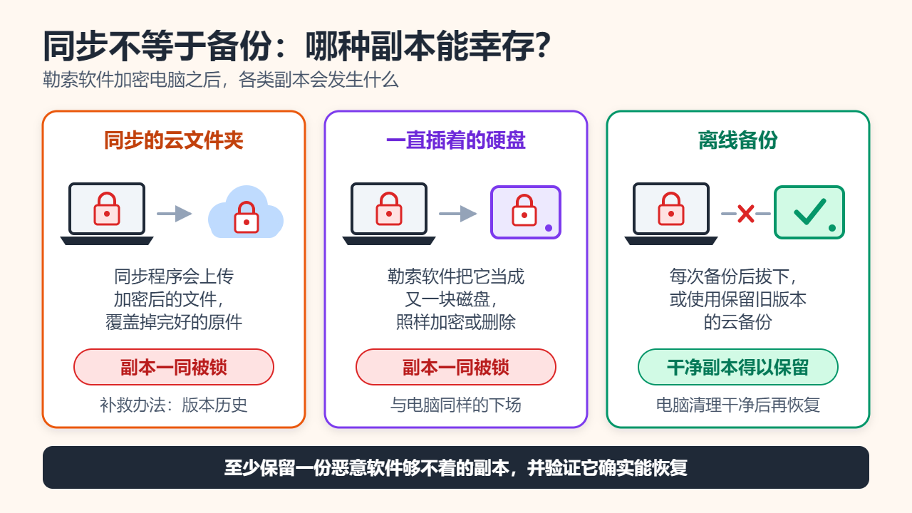 三张卡片对比勒索软件加密电脑之后，同步的云文件夹、一直插着的备份硬盘和离线备份各自的下场，只有离线备份保留了干净副本