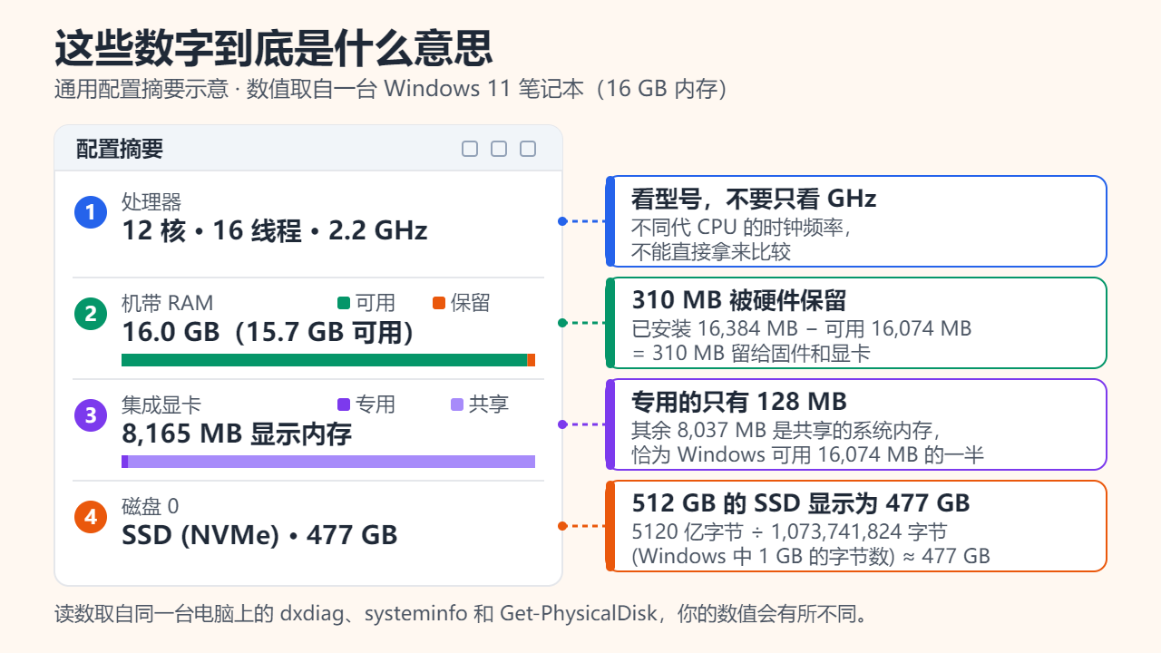 一台 16 GB 笔记本的配置摘要标注图：已安装 16,384 MB 减去可用 16,074 MB，保留 310 MB；8,165 MB 显示内存中专用的只有 128 MB；512 GB 的 SSD 显示为 477 GB