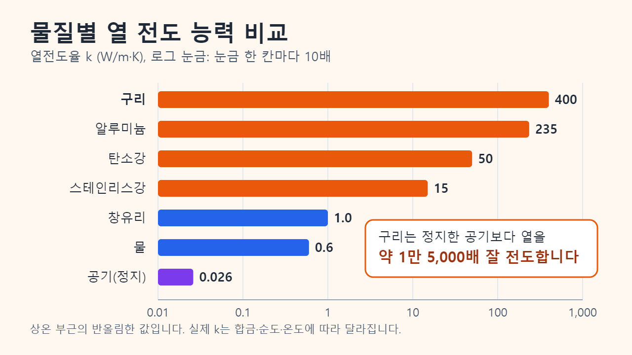 상온 부근 물질의 열전도율(W/m·K)을 로그 눈금으로 나타낸 가로 막대그래프. 구리 400, 알루미늄 235, 탄소강 50, 스테인리스강 15, 창유리 1.0, 물 0.6, 정지 공기 0.026이며 구리는 정지한 공기보다 약 1만 5,000배 열을 잘 전도함