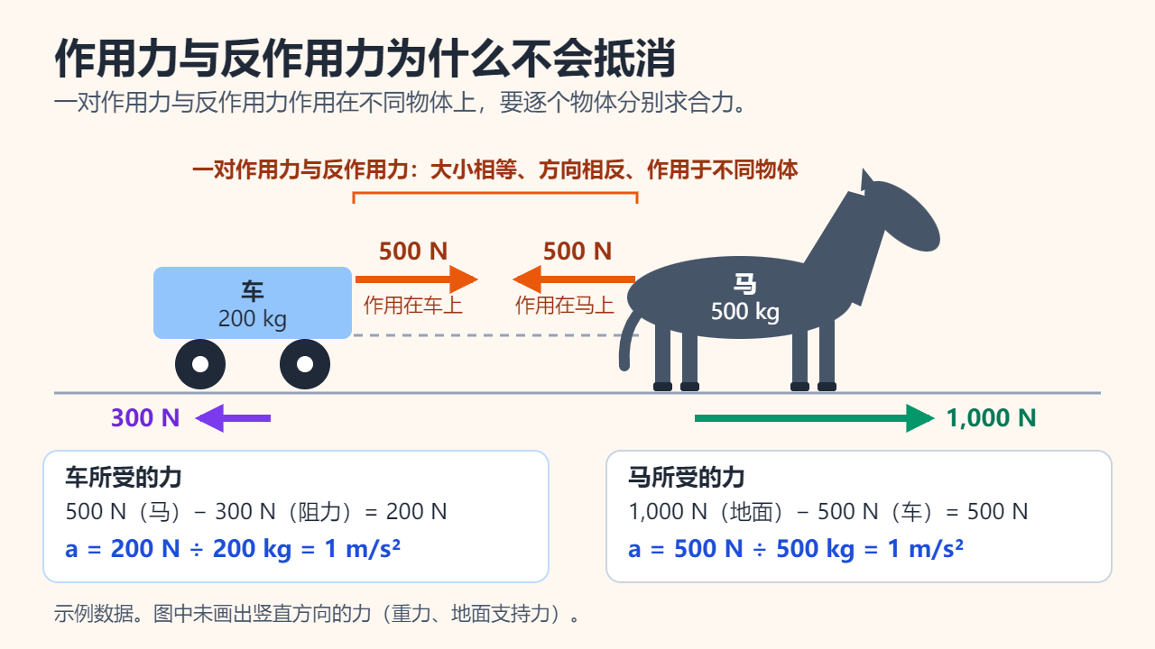 马拉车示意图（示例数据）：马用 500 N 的力向前拉 200 kg 的车，车用 500 N 的力向后拉 500 kg 的马；车受到 300 N 的阻力，马受到地面 1,000 N 的推力，两者的加速度都是 1 m/s²