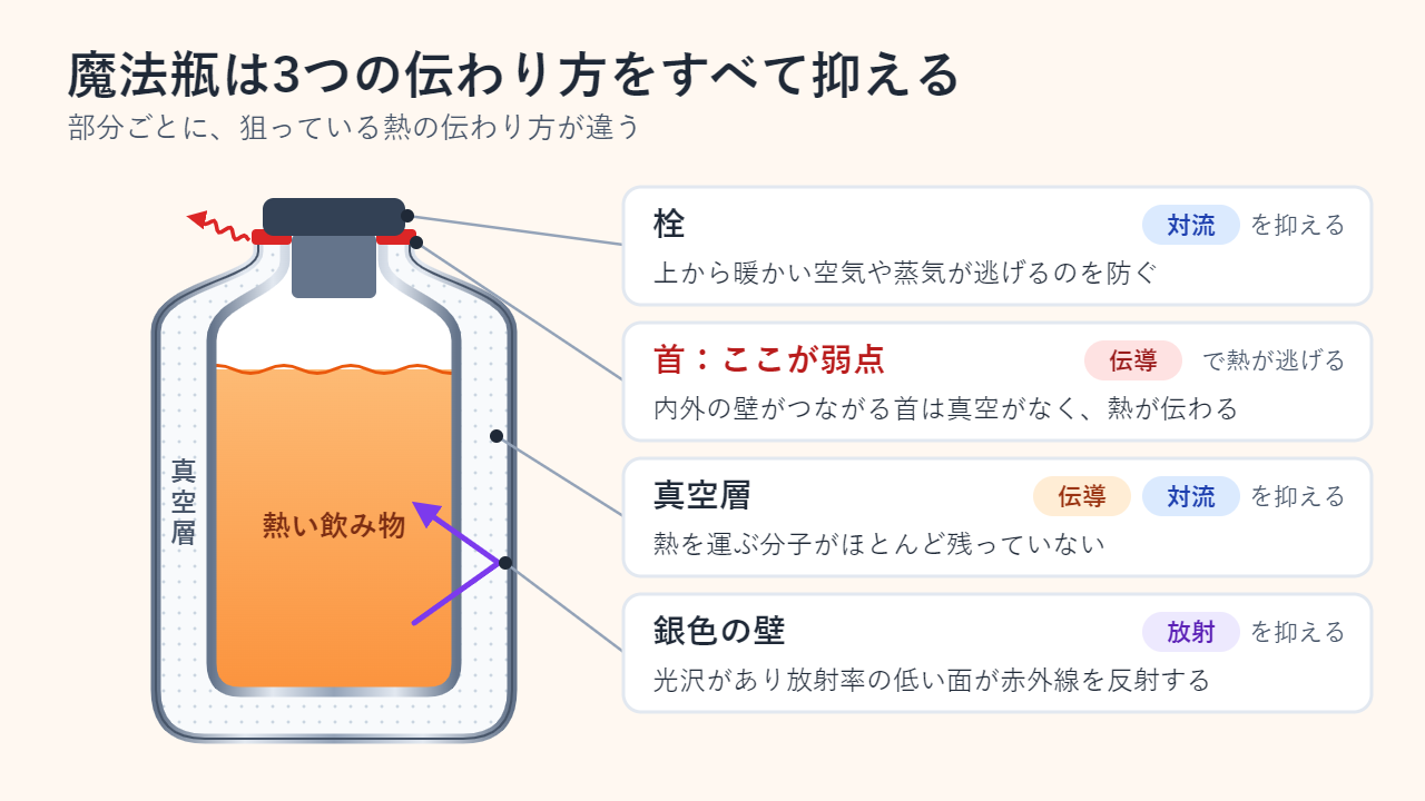 魔法瓶の断面図とラベル。二重壁の間の真空層が伝導と対流を抑え、銀色の壁が赤外線の放射を反射し、栓が対流と蒸発を抑える。二重壁がつながる首の部分が最大の熱の逃げ道