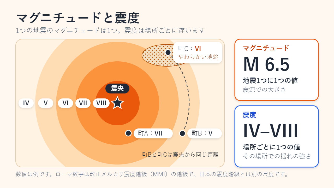 マグニチュード6.5の1つの地震について、震央付近の震度VIIIから外側のIVまで、揺れが同心円状に弱まる地図。震央から同じ距離にある2つの町は、やわらかい地盤の町が震度VI、もう一方が震度Vになる。ローマ数字は改正メルカリ震度階級（MMI）の階級