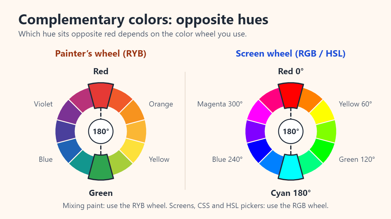 Two 12-step color wheels side by side: on the painter's RYB wheel red sits opposite green; on the screen RGB/HSL wheel red at 0° sits opposite cyan at 180°