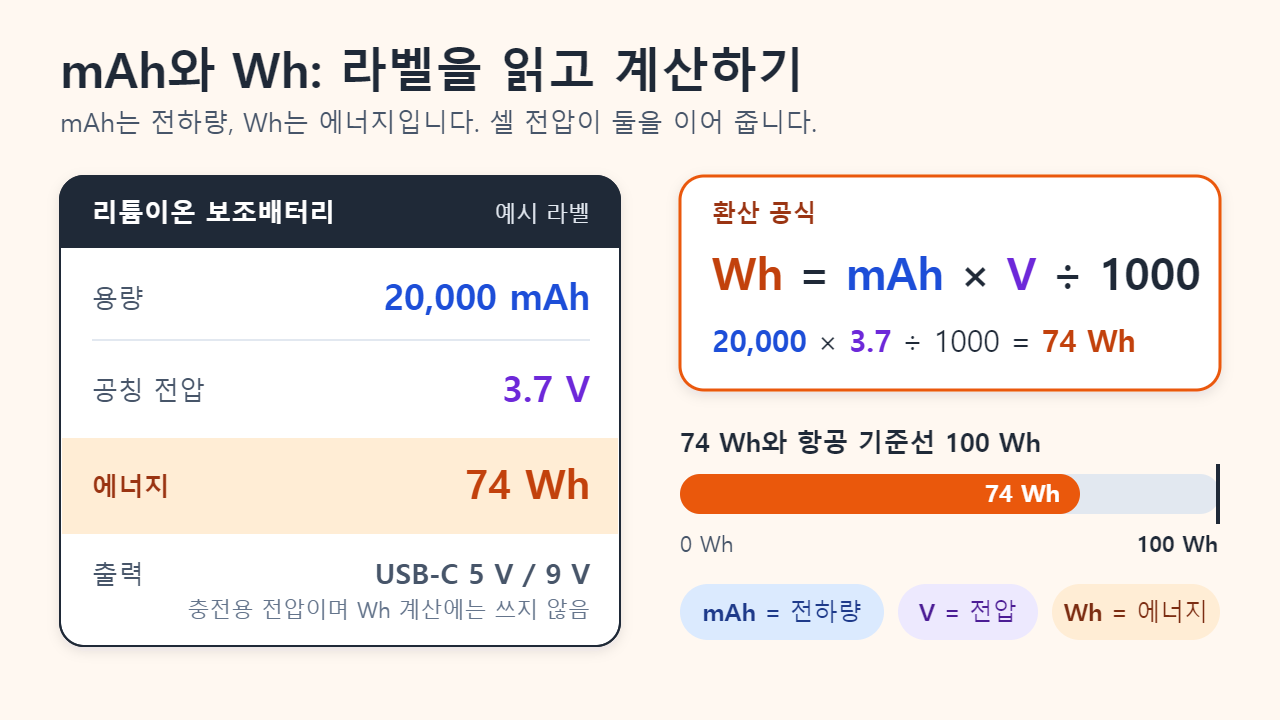 20,000 mAh, 3.7 V, 74 Wh가 적힌 보조배터리 예시 라벨과 Wh = mAh × V ÷ 1000 공식, 74 Wh를 항공 기준선 100 Wh와 비교한 게이지