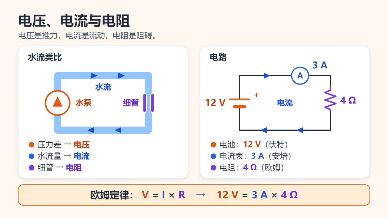 左右对照图：左侧是由水泵、流动的水和一段细管组成的水循环，右侧是由12 V电池、读数为3 A的电流表和4 Ω电阻组成的电路，下方总结为 V = I × R，即 12 V = 3 A × 4 Ω。