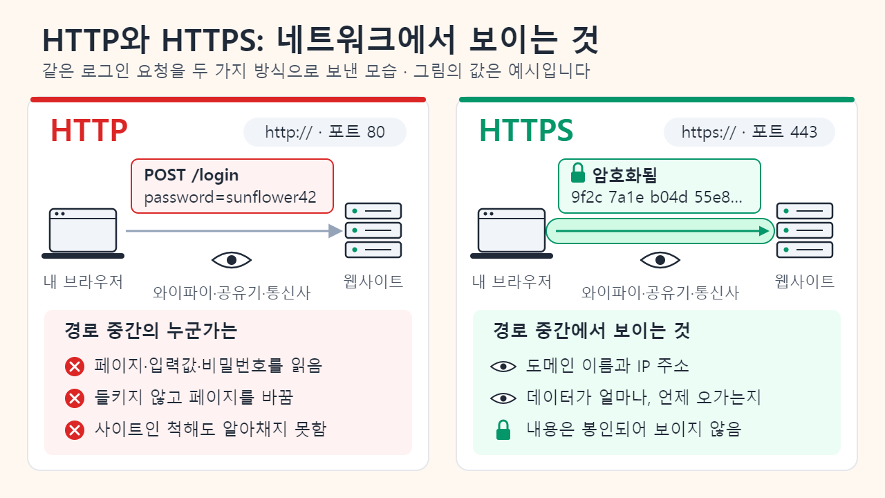 HTTP와 HTTPS를 나란히 비교한 그림. HTTP(http://, 포트 80)에서는 읽을 수 있는 비밀번호가 담긴 로그인 요청이 브라우저에서 웹사이트로 그대로 전달되어, 와이파이·공유기·통신사 경로의 누군가가 페이지와 비밀번호를 읽고, 들키지 않게 페이지를 바꾸고, 사이트인 척할 수 있습니다. HTTPS(https://, 포트 443)에서는 같은 요청이 터널 안에서 암호화된 바이트로 전달되어, 중간에서는 도메인 이름, IP 주소, 데이터가 오가는 양만 보입니다.