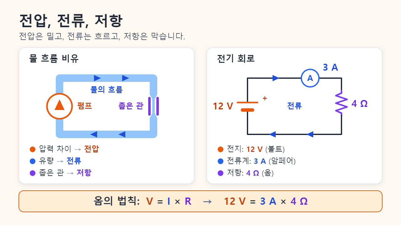 펌프와 흐르는 물, 좁은 관이 있는 물 순환 관을 12 V 전지, 3 A를 가리키는 전류계, 4 Ω 저항이 있는 회로와 나란히 놓고, V = I × R 즉 12 V = 3 A × 4 Ω으로 정리한 그림