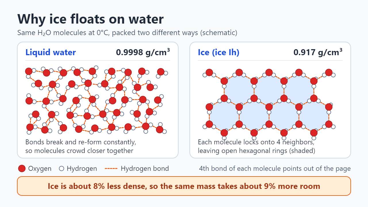 Schematic: liquid water molecules crowded randomly with short-lived hydrogen bonds (0.9998 g/cm³) beside ice Ih, where each molecule bonds to four neighbors in open hexagonal rings (0.917 g/cm³)