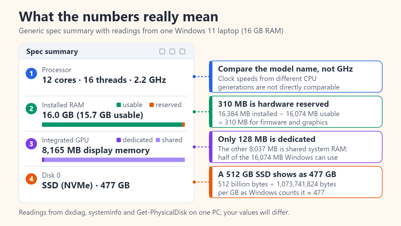 Annotated spec summary from a 16 GB laptop: 16,384 MB installed minus 16,074 MB usable leaves 310 MB reserved, only 128 MB of 8,165 MB GPU memory is dedicated, and a 512 GB SSD shows as 477 GB