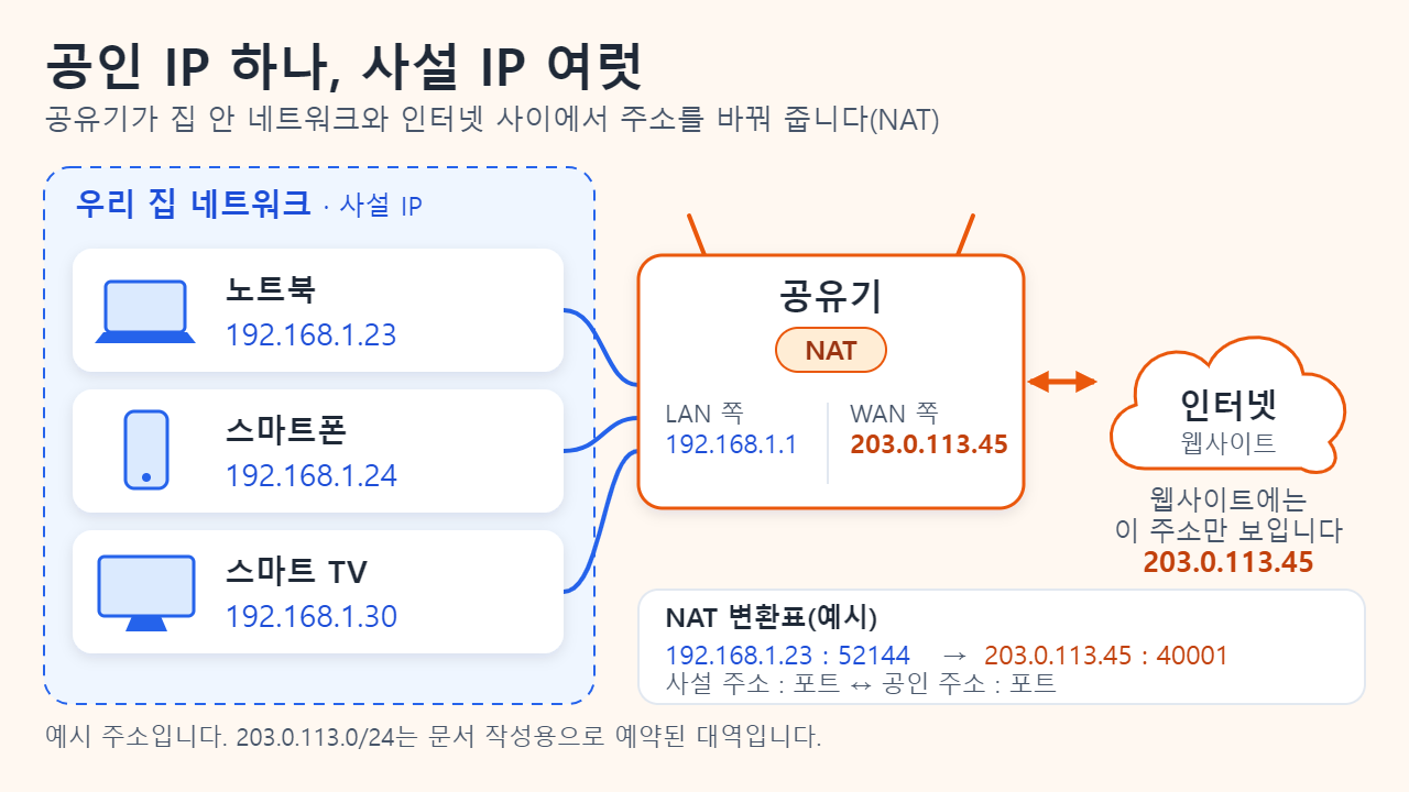 가정 네트워크 그림: 노트북, 스마트폰, 스마트 TV가 사설 IP 192.168.1.23, .24, .30을 받아 NAT를 수행하는 공유기에 연결되고, 공유기는 공인 IP 203.0.113.45 하나로 인터넷에 접속하며 웹사이트에는 이 주소만 보입니다