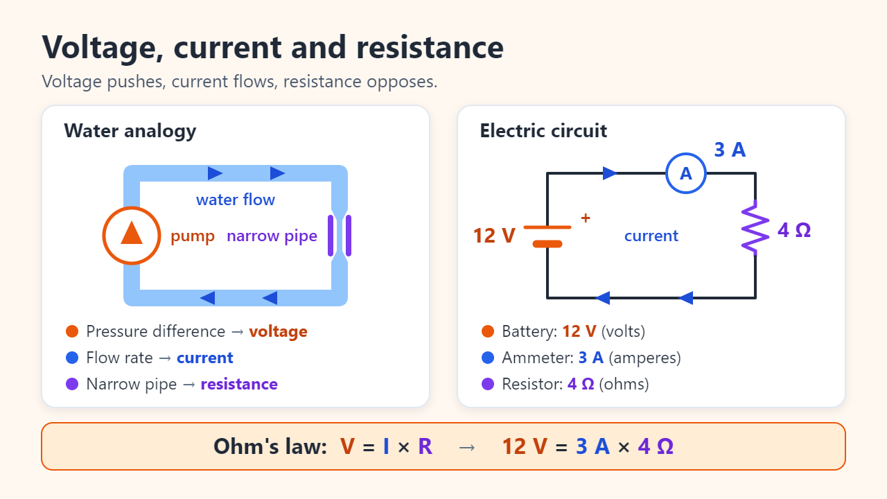 Side-by-side diagram: a water loop with a pump, flowing water and a narrow pipe next to a circuit with a 12 V battery, an ammeter reading 3 A and a 4 Ω resistor, summarized as V = I × R, 12 V = 3 A × 4 Ω