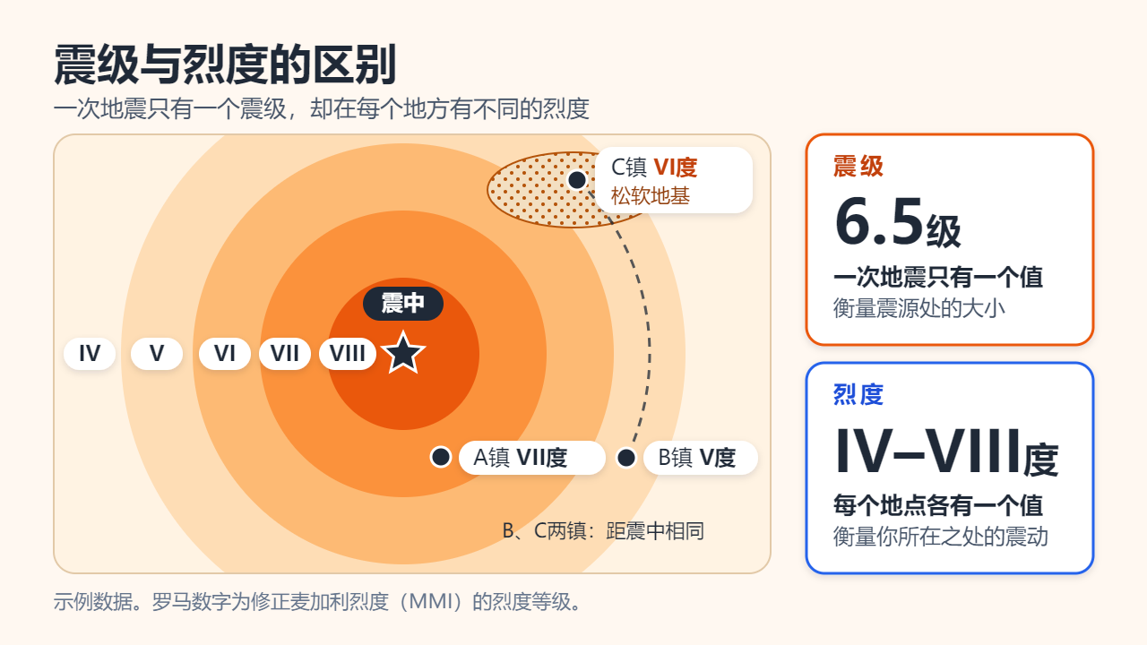 一次6.5级地震的示意图：烈度从震中附近的VIII度向外逐圈降到IV度；B镇和C镇与震中距离相同，但C镇位于松软地基上，烈度达到VI度，B镇只有V度