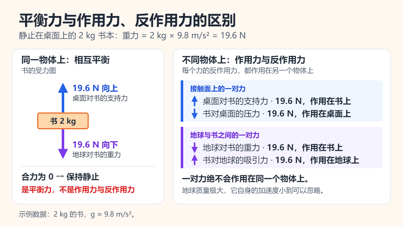 2 kg 书本的受力图：桌面向上的支持力 19.6 N 与地球向下的重力 19.6 N 作用在同一个物体上、相互平衡；右侧是它们各自的反作用力：书对桌面向下的压力、书对地球向上的吸引力