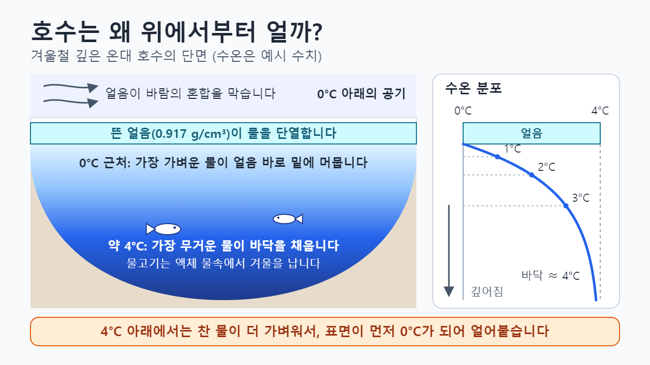 겨울철 깊은 호수의 단면: 맨 위에 뜬 얼음, 얼음 바로 아래의 0°C 근처 물, 바닥을 채운 4°C 근처 물, 그리고 깊이에 따라 0°C에서 약 4°C까지 오르는 예시 수온 분포 그래프