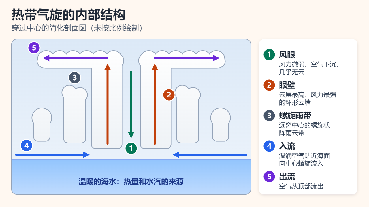 暖洋面上热带气旋的剖面图：湿润空气在近海面处螺旋流入，在中央晴空风眼周围高耸的眼壁云中上升，从顶部向外流出，风眼里的空气下沉，更外侧是螺旋雨带