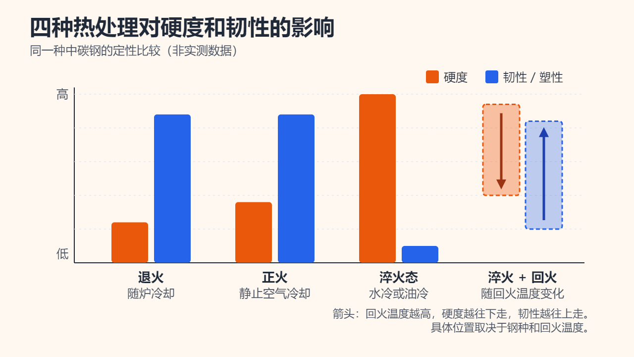 硬度与韧性的定性柱状图：退火钢和正火钢硬度低、韧性高；淬火态钢硬度最高、韧性最低；淬火加回火的钢处在一个范围内，位置由回火温度决定。