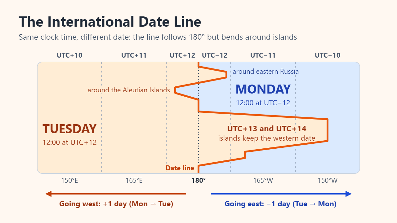 Schematic of longitude bands from 150°E to 150°W: the date line follows 180° but bends around eastern Russia, the Aleutian Islands and a large eastward bulge for islands at UTC+13 and UTC+14; it is Tuesday to the west and Monday to the east