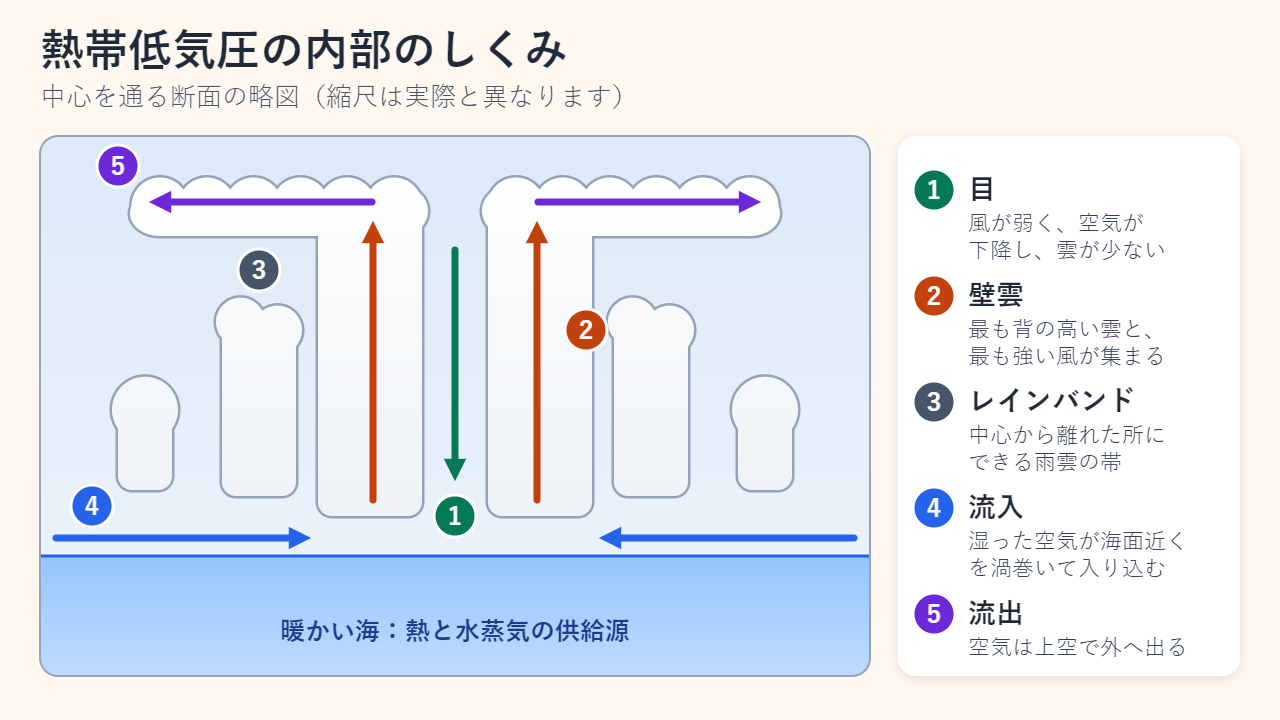 暖かい海上にある熱帯低気圧の断面図。湿った空気が海面近くを中心へ流れ込み、背の高い壁雲の中を上昇して上空で外へ流れ出る。雲のほとんどない中心の目では空気が下降し、さらに外側にらせん状のレインバンドがある