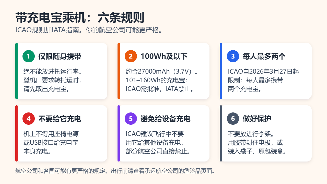 六张规则卡片：仅限随身携带；100Wh及以下；自2026年3月27日起每人最多两个充电宝；机上不得给充电宝充电；飞行中避免用它给设备充电；做好保护且不放进行李架
