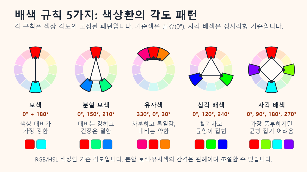 빨강을 기준으로 한 작은 색상환 다섯 개: 보색 0°와 180°, 분할 보색 0°·150°·210°, 유사색 330°·0°·30°, 삼각 배색 0°·120°·240°, 정사각형 사각 배색 0°·90°·180°·270°