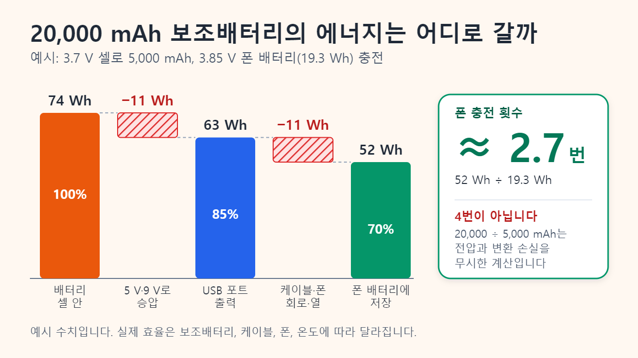 예시 폭포형 차트: 셀 안의 74 Wh에서 승압 변환으로 11 Wh가 손실되어 USB 포트에서는 63 Wh, 케이블·폰 회로·열로 다시 11 Wh가 손실되어 폰에는 52 Wh가 저장되며 19.3 Wh 폰 배터리 기준 약 2.7번 충전