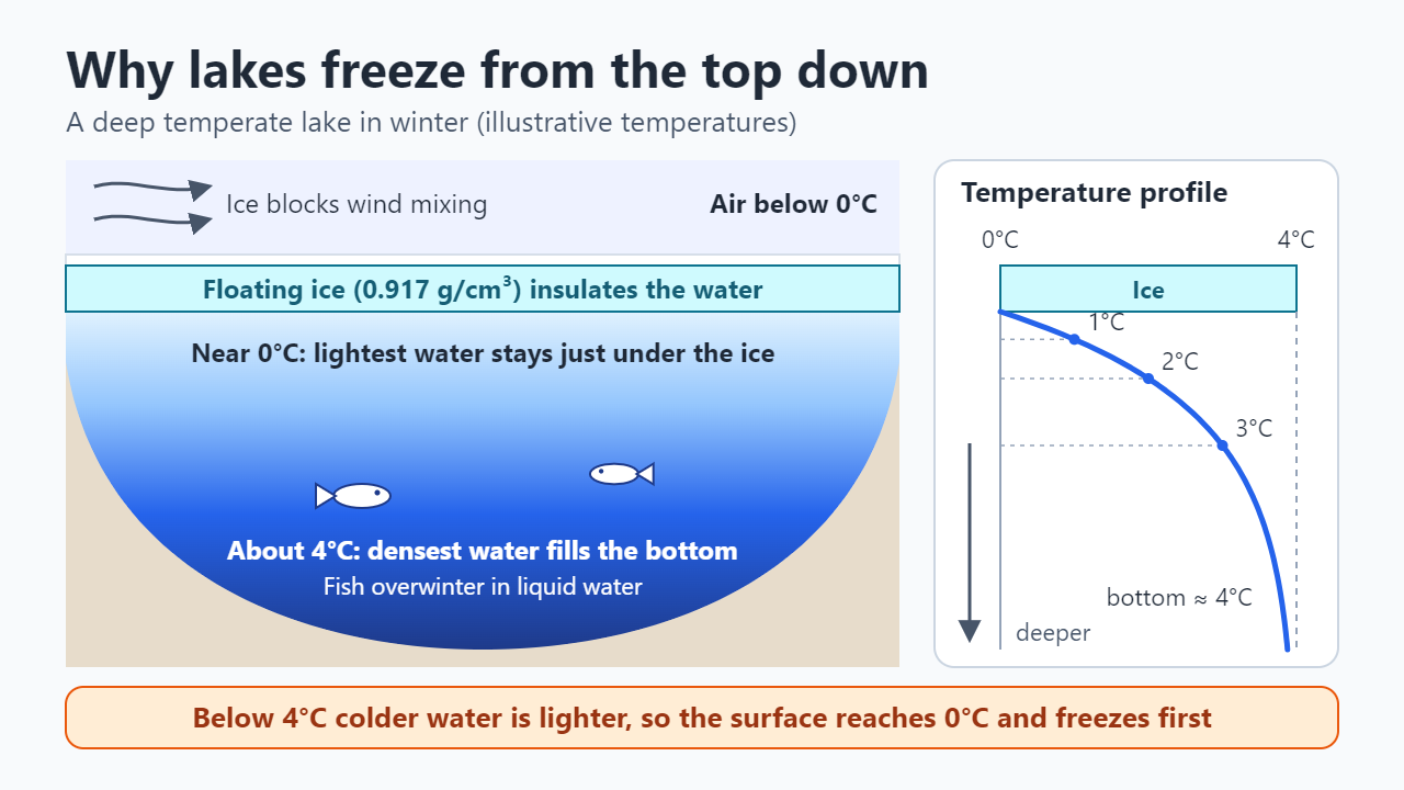Cross-section of a deep lake in winter: floating ice on top, water near 0°C just under the ice, water near 4°C filling the bottom, and an illustrative temperature profile rising from 0°C to about 4°C with depth