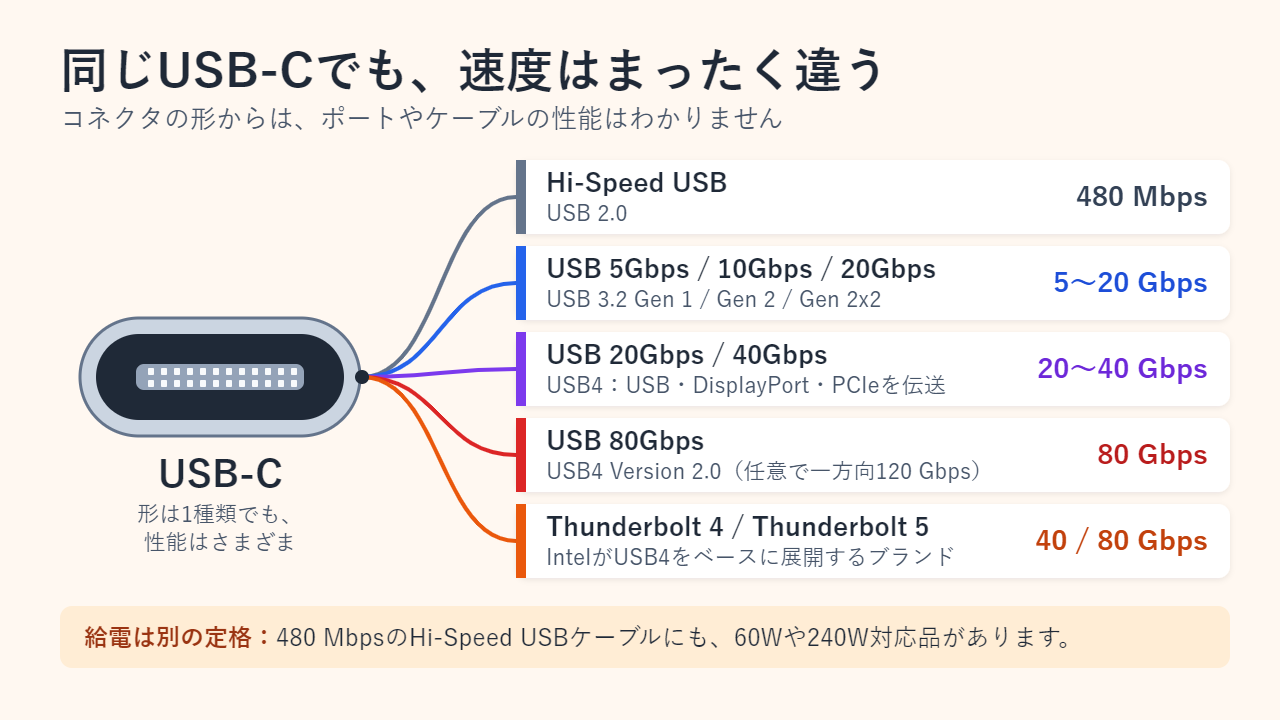 図解：1つのUSB-Cコネクタから5つの可能性に枝分かれしている。480 MbpsのHi-Speed USB、5・10・20 GbpsのUSB 3.2、20・40 GbpsのUSB4、80 GbpsのUSB4 Version 2.0、40または80 GbpsのThunderbolt 4・5。ケーブルの60Wや240Wという給電の定格は、データ速度とは別。
