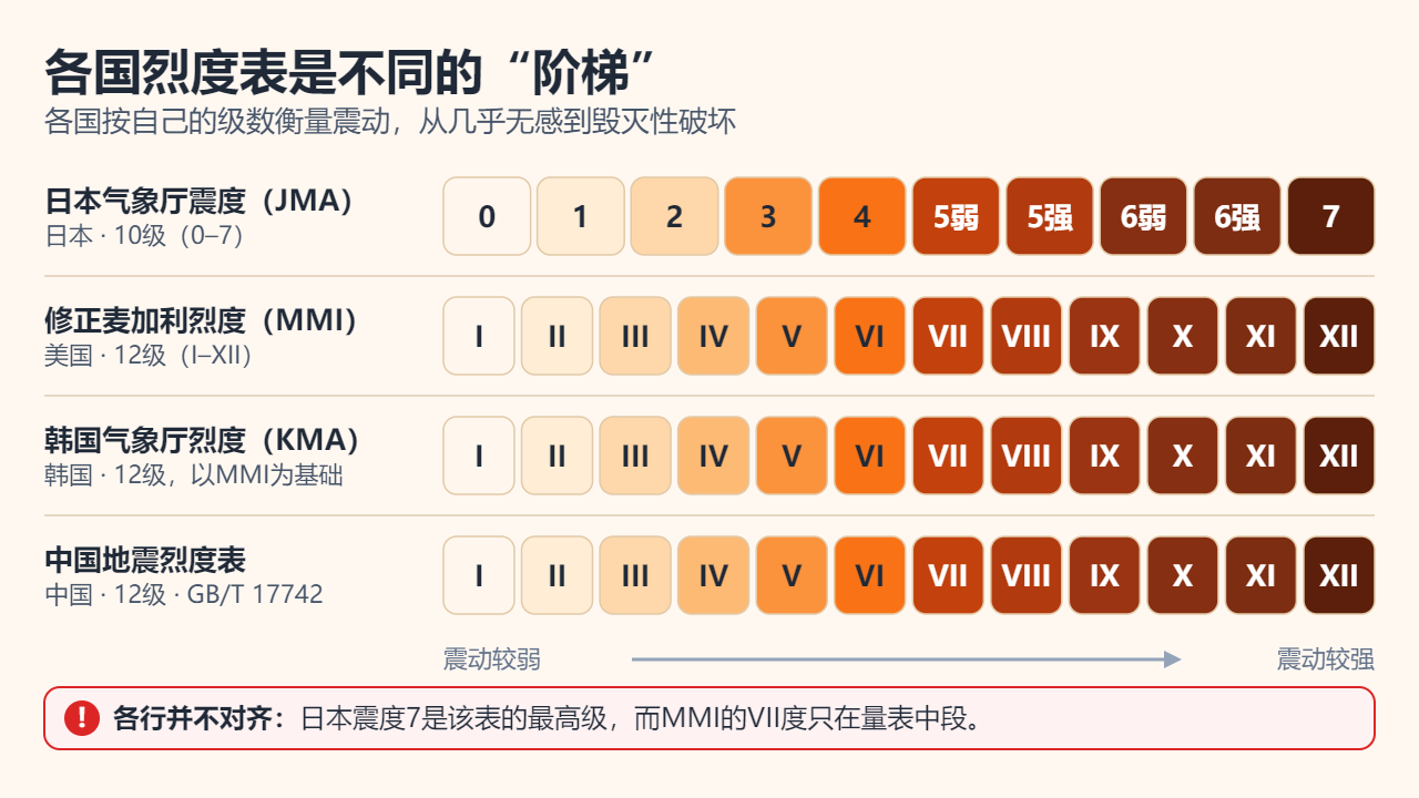 四条烈度“阶梯”：日本气象厅震度共10级，从0到7，其中包括5弱、5强、6弱、6强；修正麦加利烈度、韩国气象厅烈度和中国烈度表各有12级，从I到XII